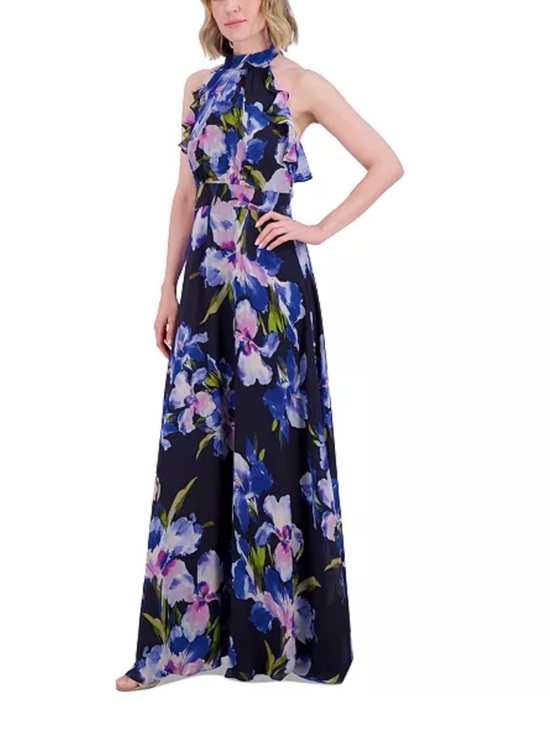 Eliza J Dresses & Skirts - Eliza J Floral Chiffon Halter Maxi Dress Ruffle Neck Navy Multi Size 4
